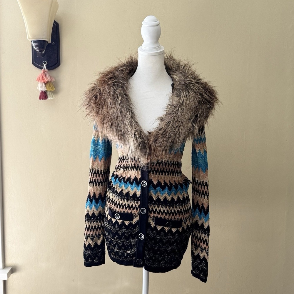 Cache VTG Womens Faux Fur Collar Chevron Cardigan XS Multicolor Glitter Y2K Glam - Picture 2 of 6